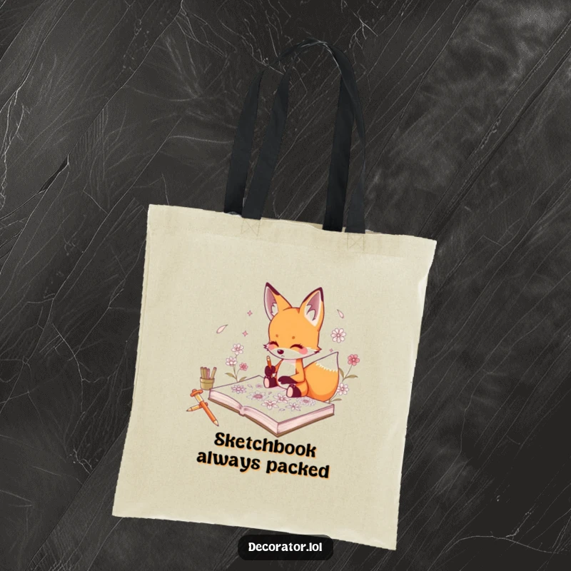Funny tote bag featuring a curious fox character sketching intricate floral designs in a sketchbook.