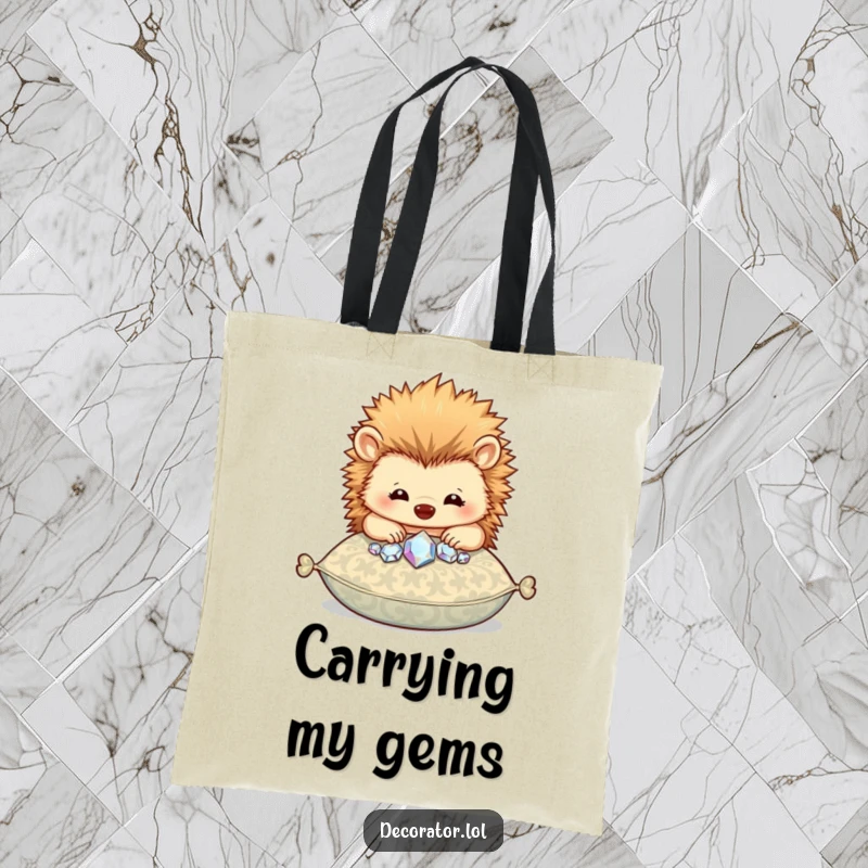 Funny tote bag featuring a happy hedgehog character carefully placing sparkly gems onto a patterned cushion with joy.