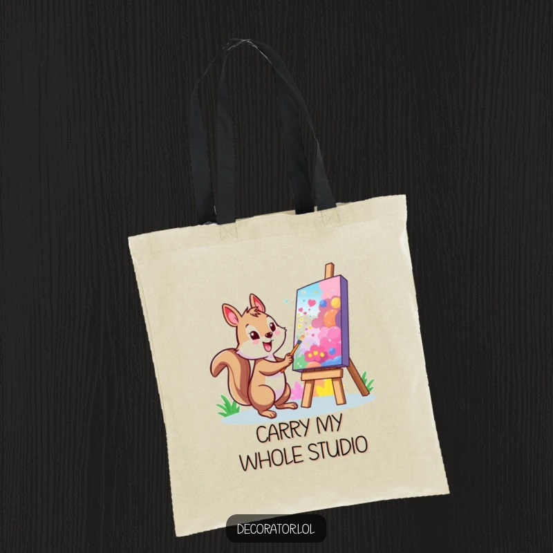 Funny Squirrel Tote Bag: A cheerful character painting a vibrant mural on a large, colorful canvas, perfect for carrying creative essentials.